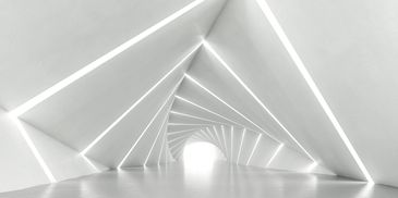 Futuristic white corridor with geometric LED lighting design.