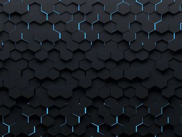Black hexagonal 3D pattern with blue outlines.