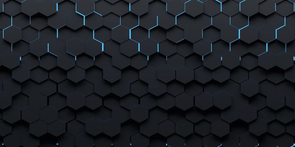 Dark hexagonal tiles with glowing blue edges create a futuristic pattern.