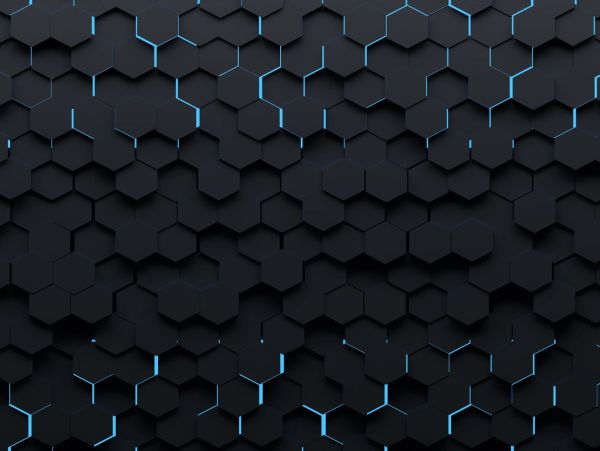 Dark hexagonal tiles with glowing blue lines create a futuristic pattern.