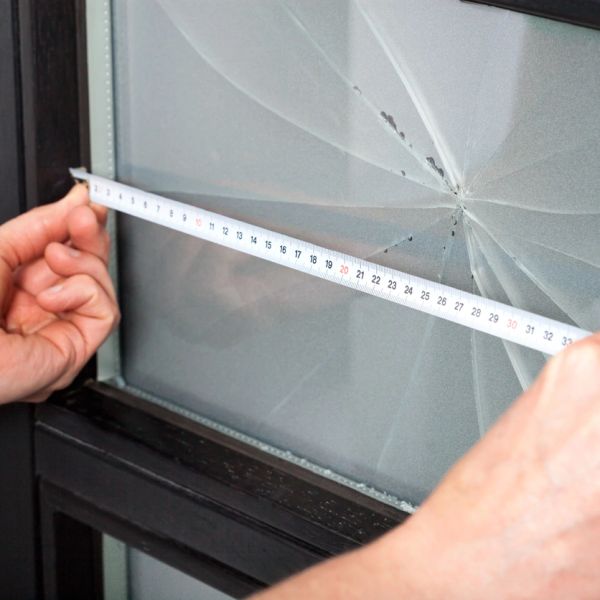 Person measuring a cracked glass window with a tape measure.