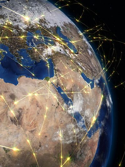 Digital network connections over the Middle East and Africa on Earth.