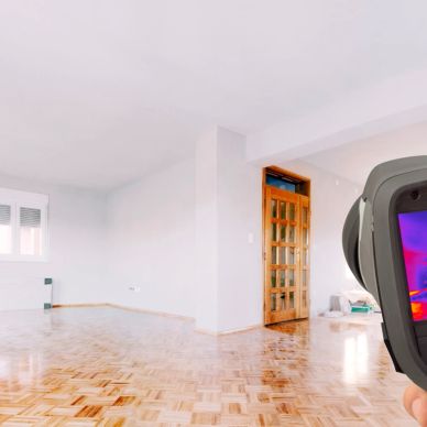 Thermal imaging in an empty room with wooden floor.