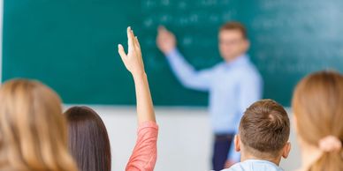 teacher, blackboard, hand up