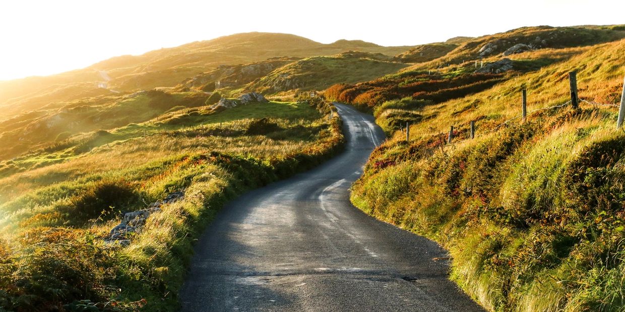 Winding road through sunlit green hills during golden hour.