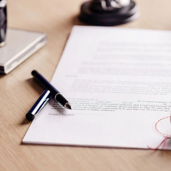 Pen resting on a legal document for signature.