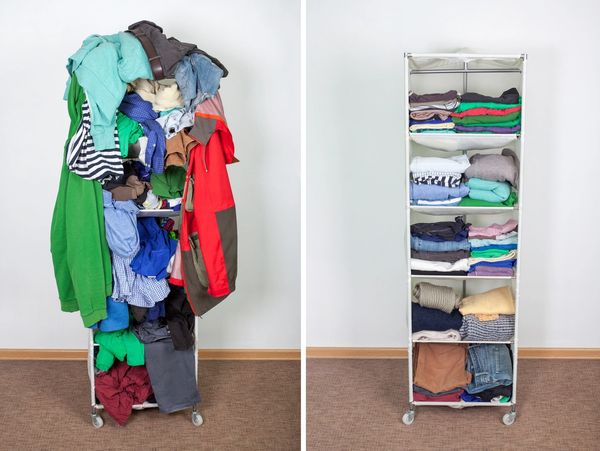 Side-by-side comparison of messy and neatly folded clothes on a shelf.
