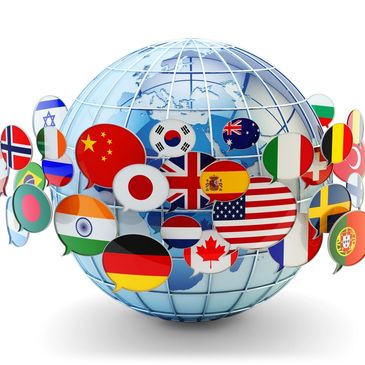 Globe surrounded by various international flags representing global unity.
