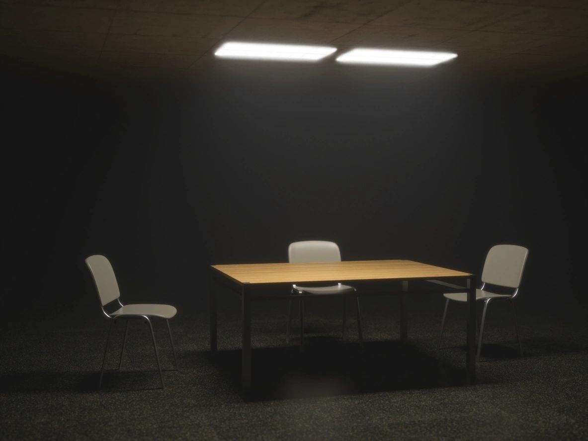 interrogation room with ambient lighting light brown wooden table three gray chairs