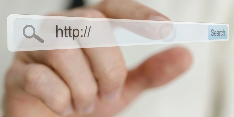 Hand interacting with a virtual search bar showing "http://" and a search button.