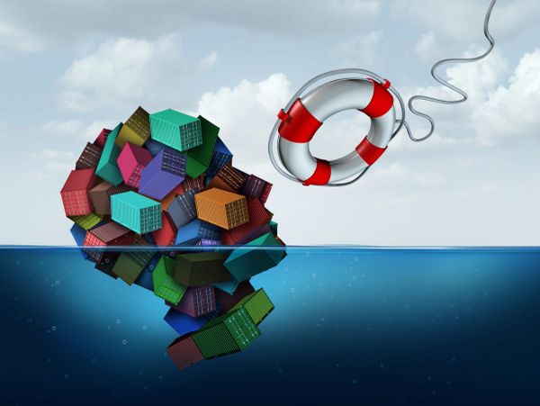 Life buoy thrown towards sinking container ship cubes.