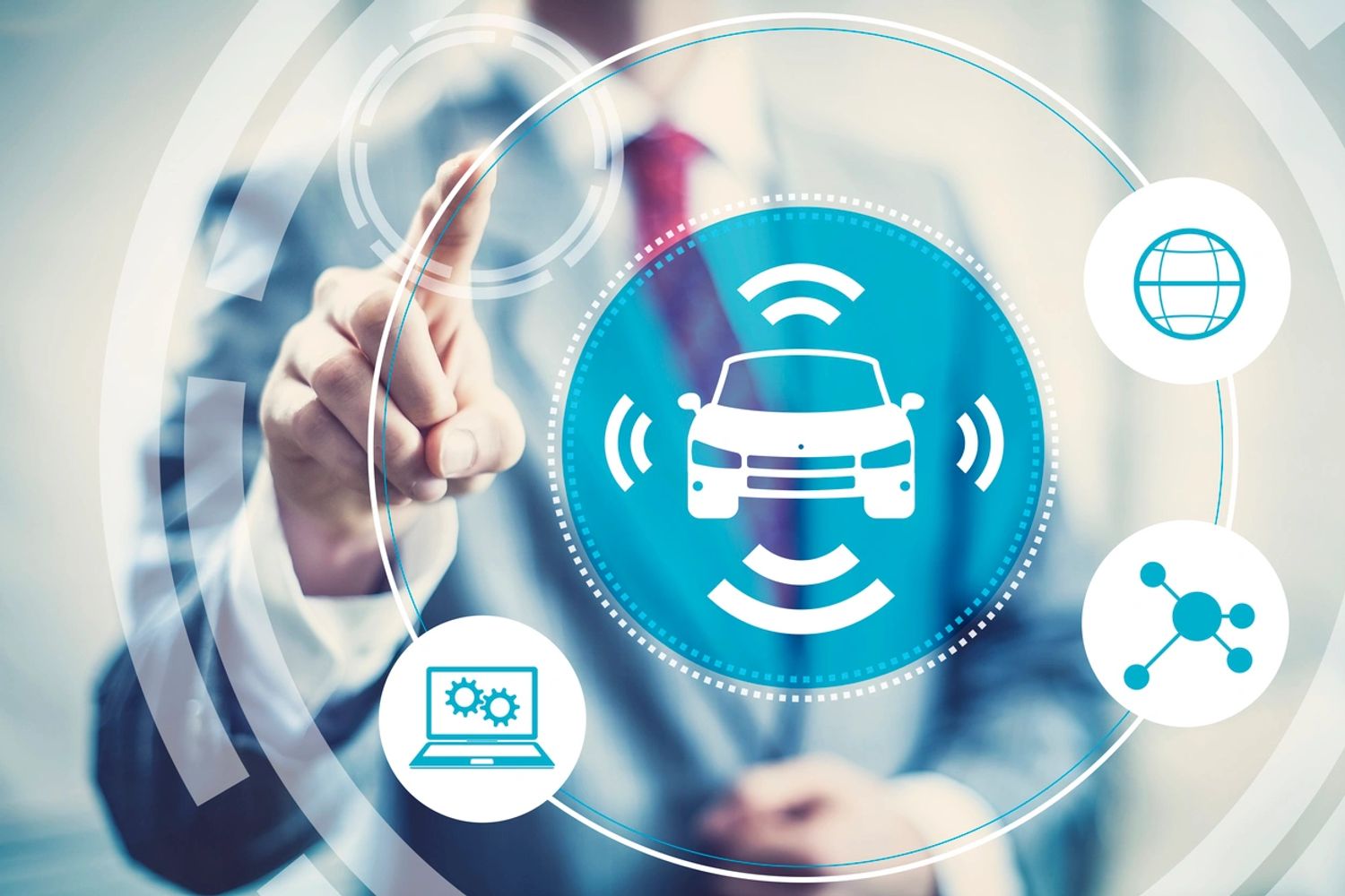 Businessman interacting with futuristic smart car interface technology.