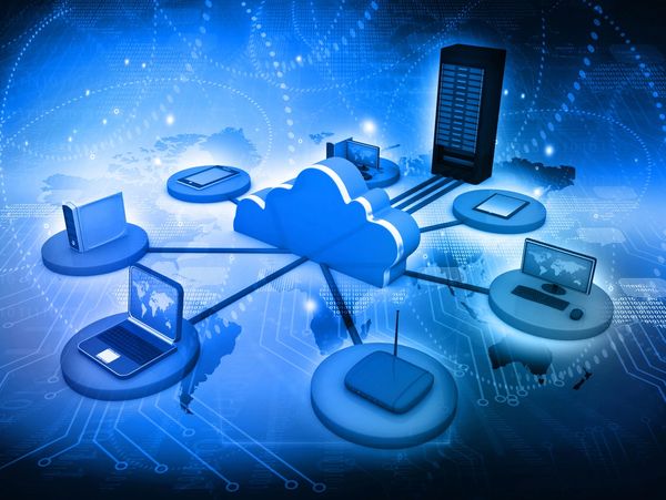 Digital cloud network connecting various devices and servers.