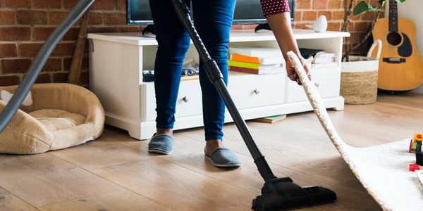 person cleaning under rug carpet