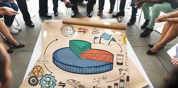 Group of people discussing a colorful pie chart on a large paper.