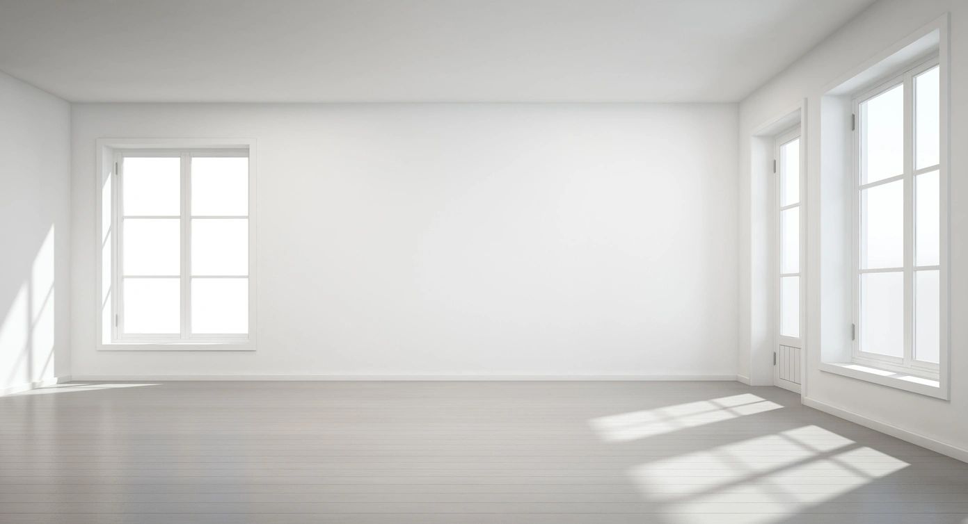 freshly cleaned and painted white room with white-washed wood floor