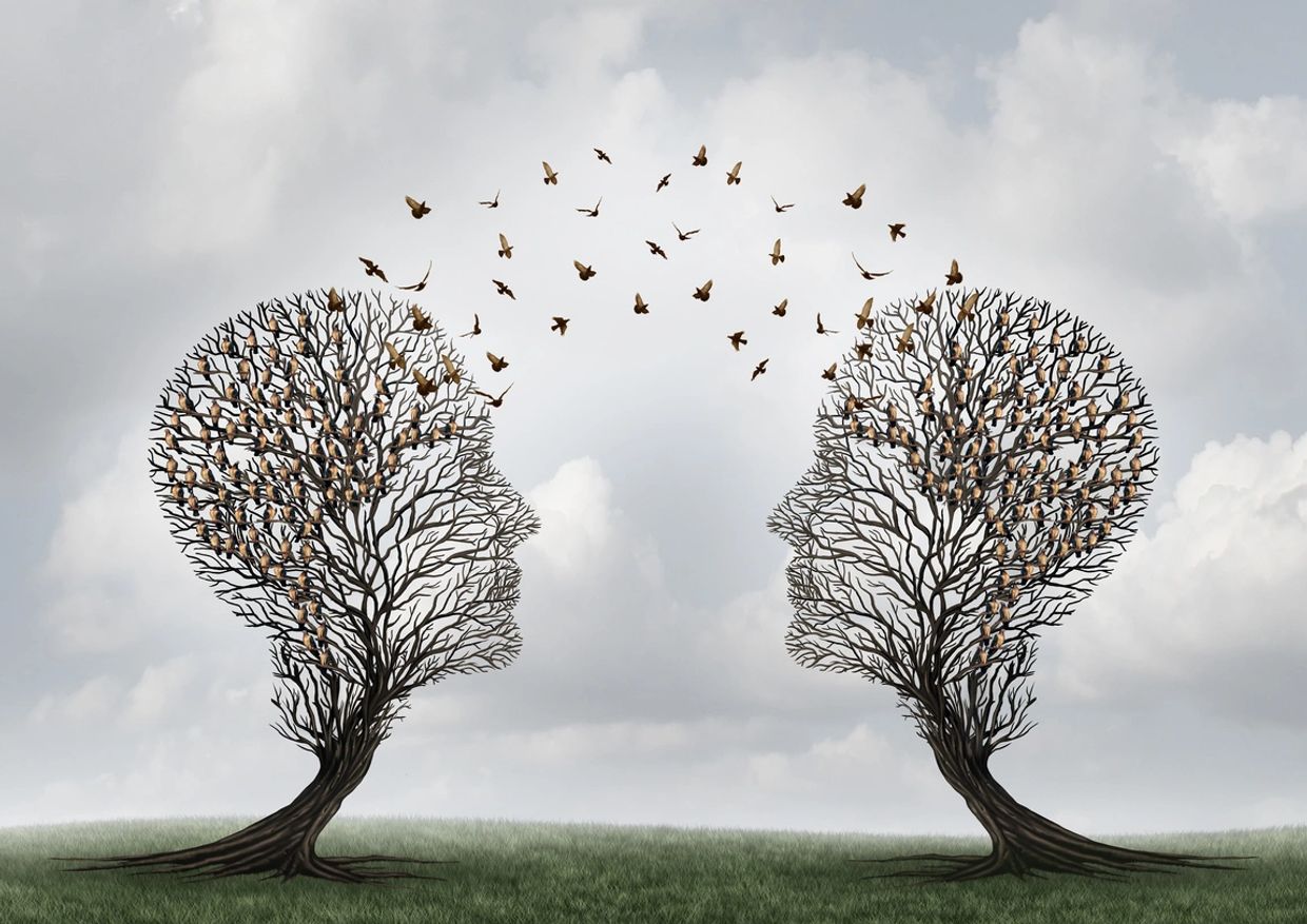Two tree-shaped heads with birds flying between them.