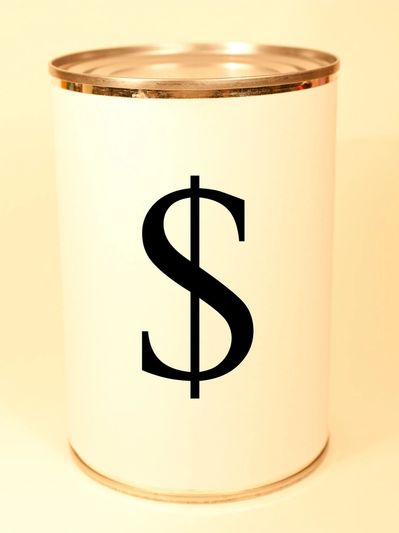 White can with a large black dollar sign symbol.