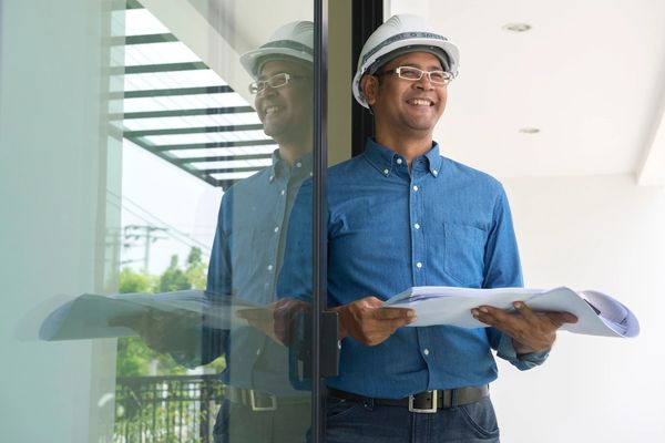 Guy with a worker hat holds a papers and smiling.