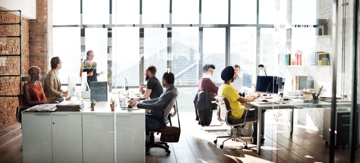 Team meeting in a bright modern office with large windows.