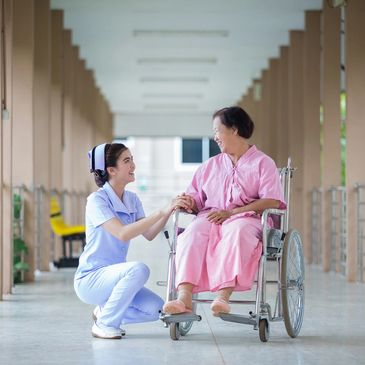 Care assistant conversing with a wheelchair bound client