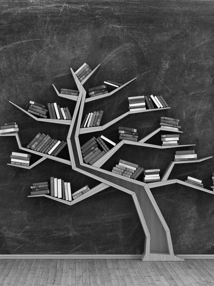 A tree-shaped bookshelf filled with books.