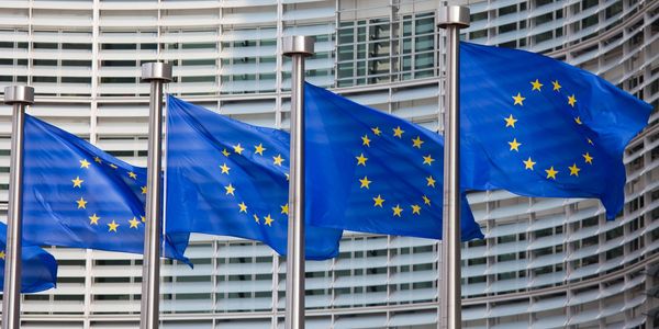 Multiple European Union flags waving on flagpoles outside a modern building.