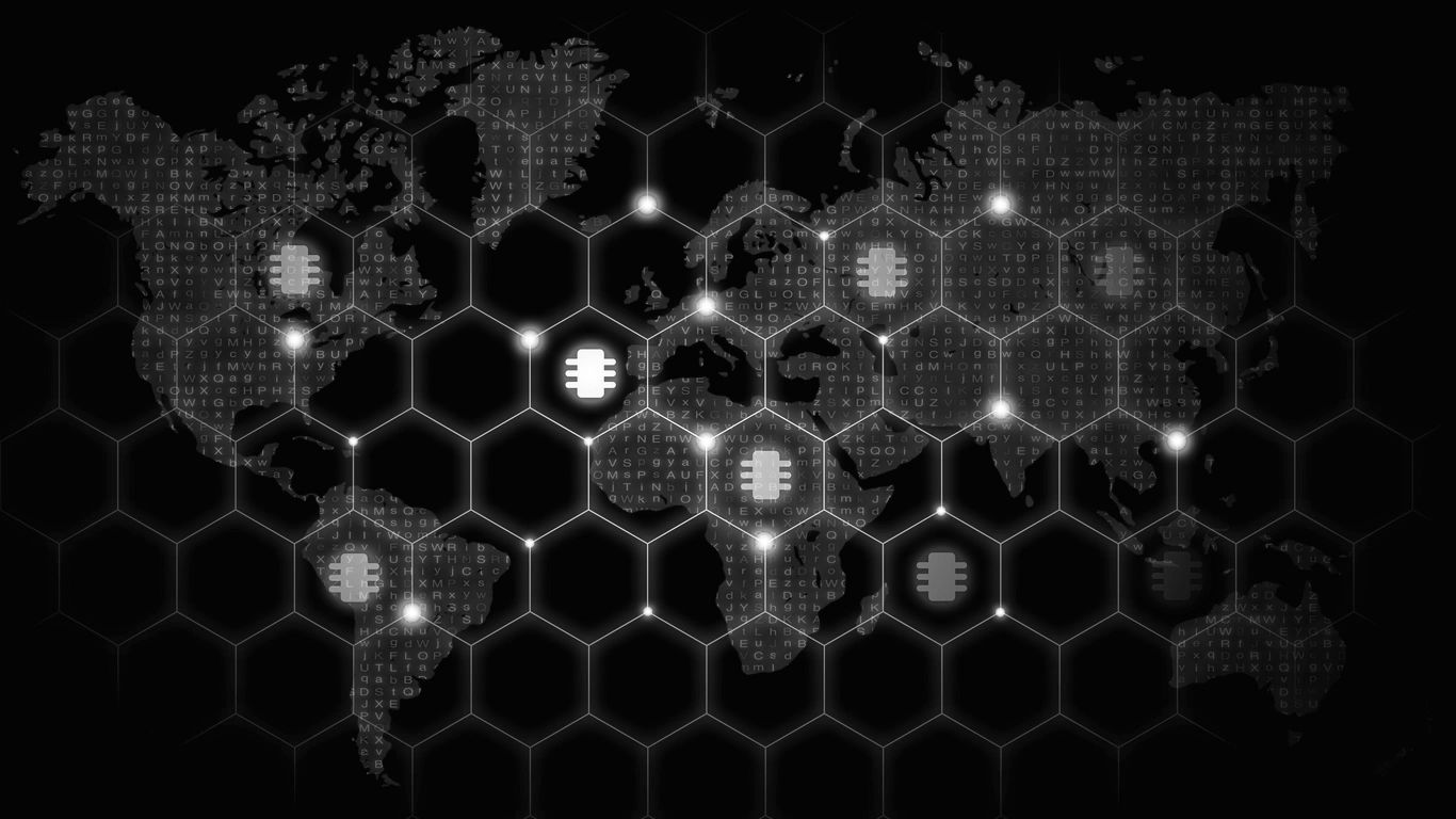 Digital world map with glowing microchip icons connected by hexagonal network.