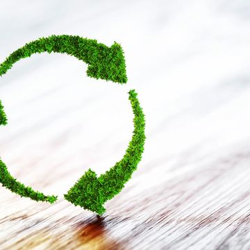 Green refresh symbol made of grass on wooden surface.
