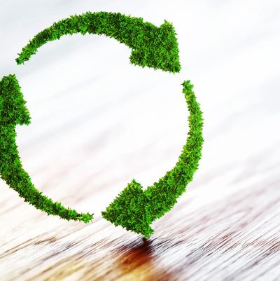 Green arrows made of leaves forming a recycle symbol on a wooden surface.