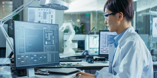 Scientist analyzing data on computer screens in a modern lab.