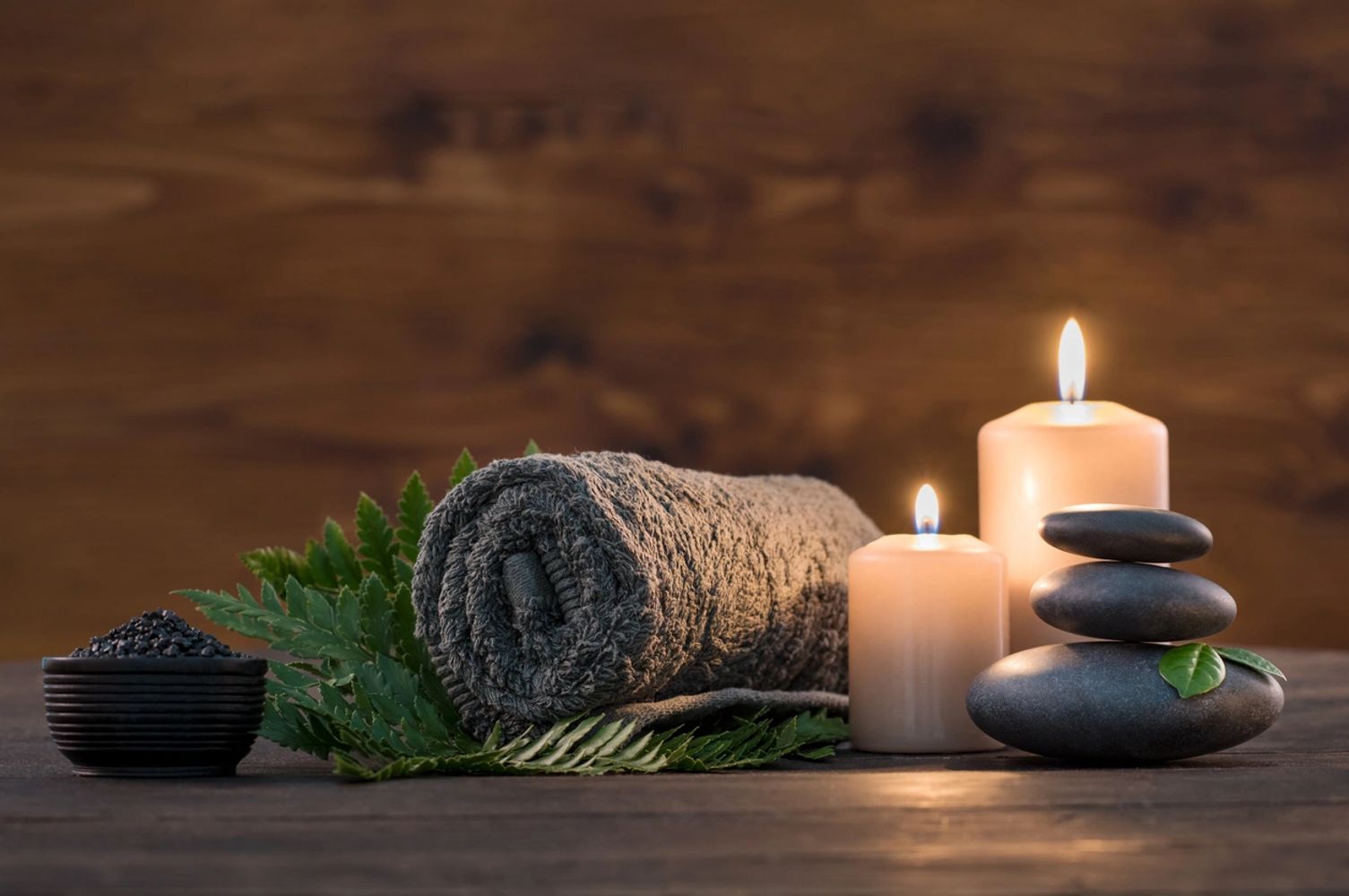 massage equipment on a wooden table.