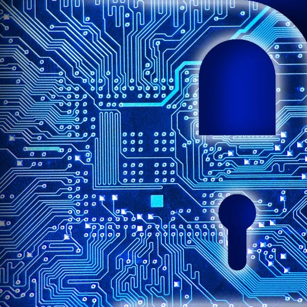 Glowing blue digital padlock over circuit board symbolizing cybersecurity.