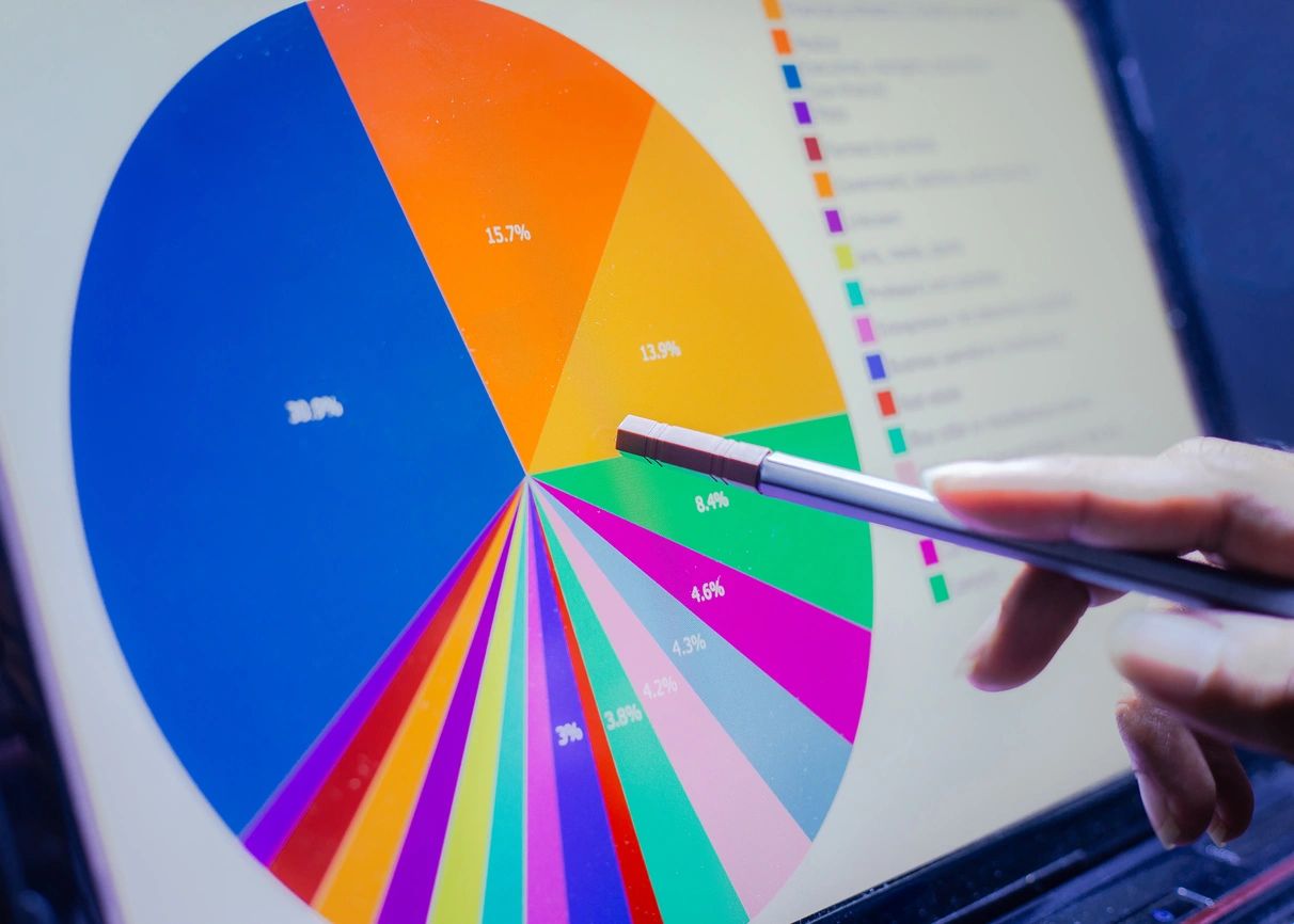 A pointer is used by a presenter to indicate details in a colorful pie chart graph being displayed.