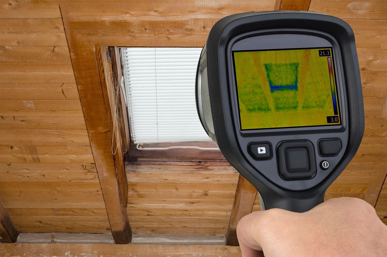 A roofing professional conducting a roof inspection with a thermal imaging camera in hand, capturing detailed images of potential leaks.