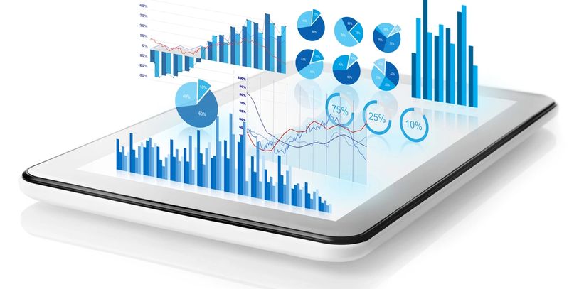 Tablet with blue pie charts and bar graphs popping up. 
