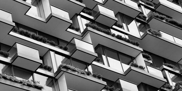 Geometric apartment balconies with plants in black and white.