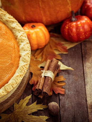 Close up of pumpkin pie, small pumpkins and cinnamon sticks tied together on a wooden panel table