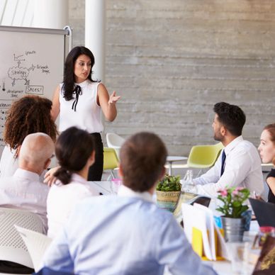 Businesswoman leading a meeting and presenting ideas to colleagues.