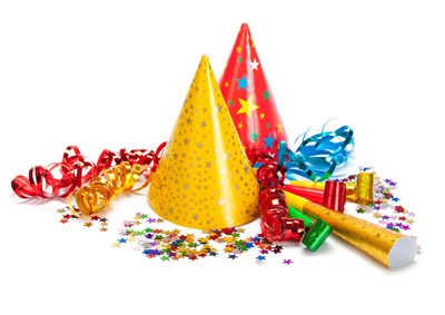 Colorful party hats and decorations.