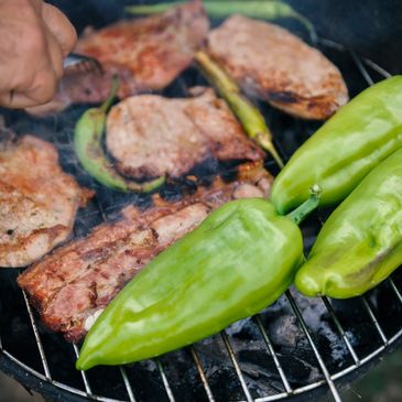 Peppers and meat on a grill