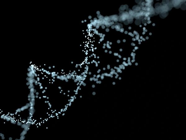 Abstract digital representation of a DNA double helix made of glowing particles.