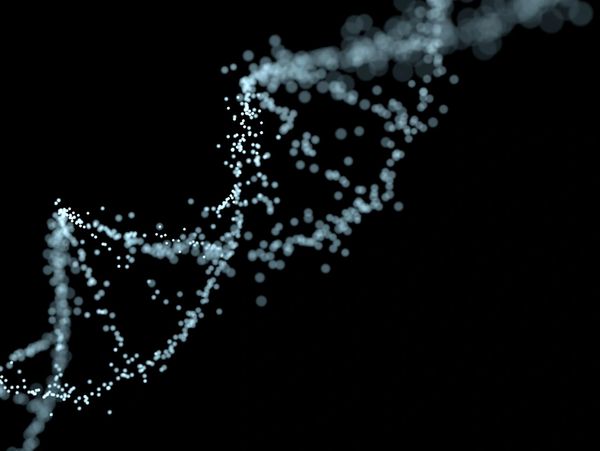 Abstract digital representation of a DNA double helix made of glowing particles.