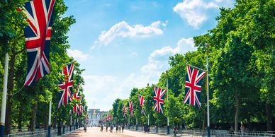 Union Jacks flying on The Mall, London, England cruise