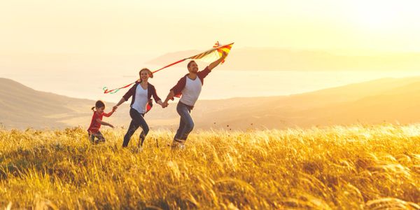 Family flying a kite together in a field