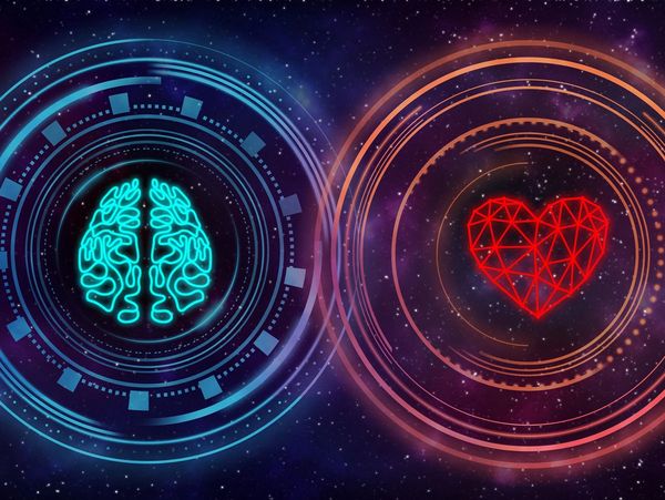 A brain and a heart icons in neon colors
