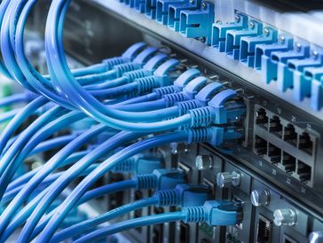 Network cables plugged into a server rack.