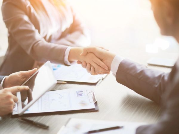 Two business professionals shaking hands during a meeting.