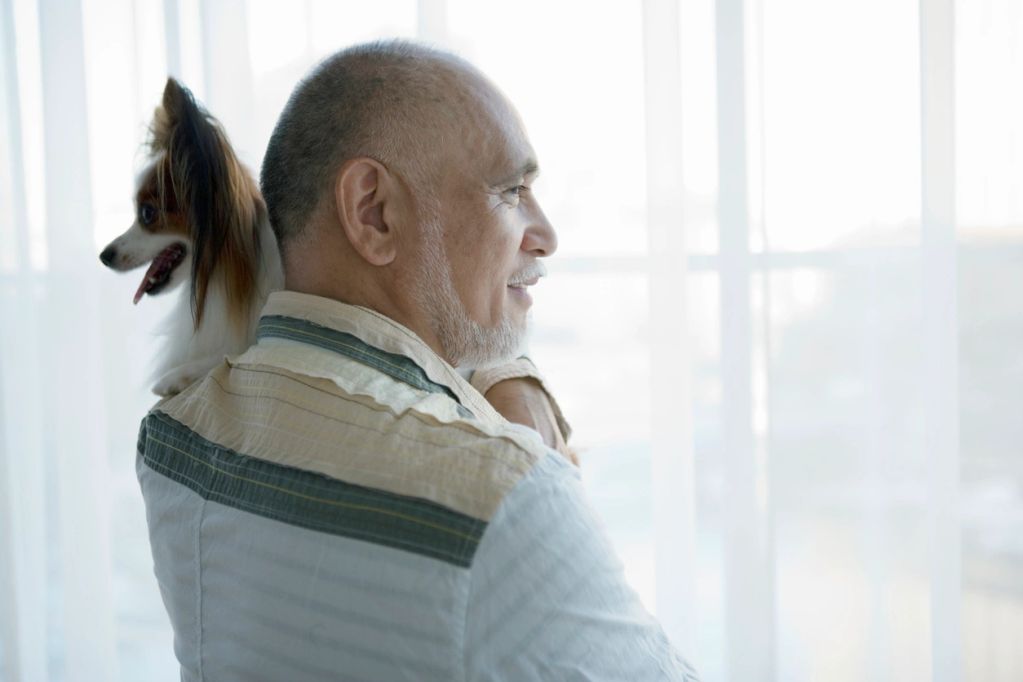 Elderly man holding a small dog, both looking outside a window with soft light.