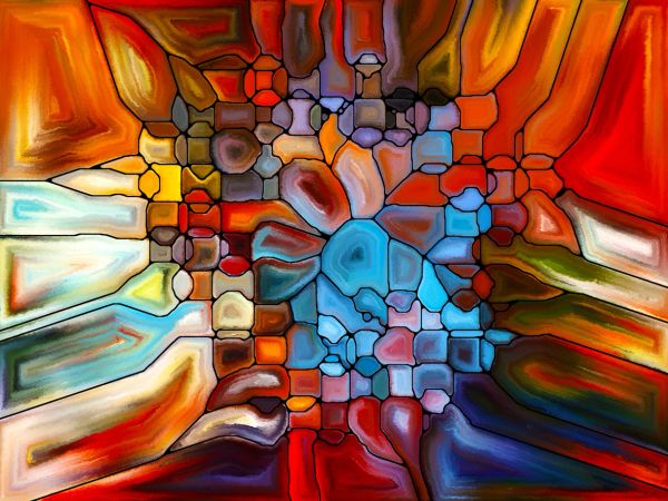 Abstract stained glass style painting with warm and cool colors.